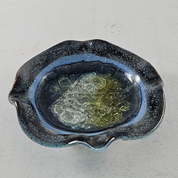 Down To Earth Pottery Trinket Dish Ashtray Crackled Recycled Glass - Picture 2 of 8